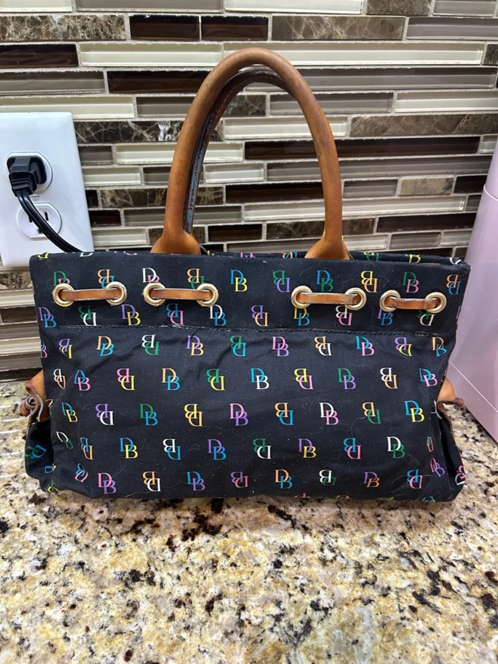Dooney & Bourke Uncoated Black Multicolor DB Logo Tote with Tan Leather Handles